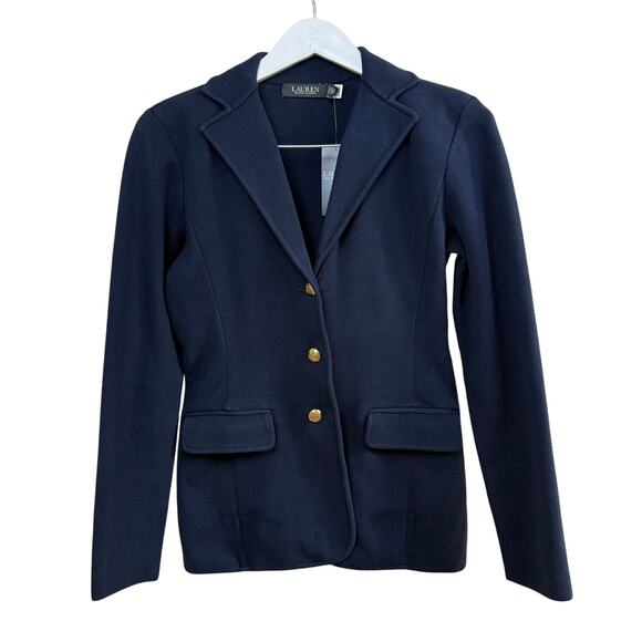 LAUREN RALPH LAUREN Navy Sweater-Knit Cotton-Blend Blazer XS - Picture 9 of 11